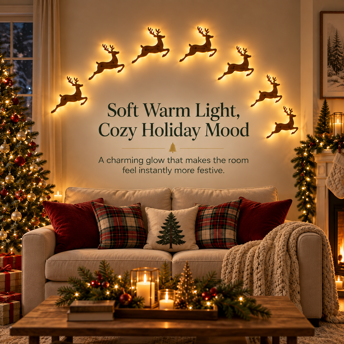 ๐ฆ 7-Piece Glowing Reindeer Wall Decor โ Warm Christmas Flying Reindeer Light Set