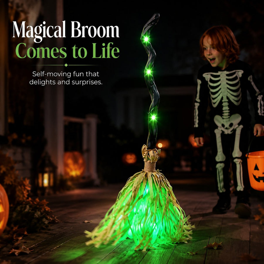 Animated Moving Witch Broom, Light‐Sound‐Motion Halloween Prop to Boost Thrill for Your Indoor & Outdoor Party Decor